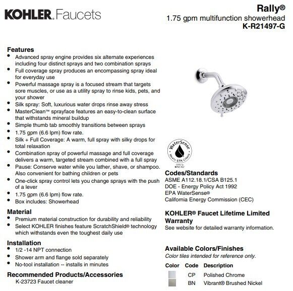 *2 Pack - Kohler Chrome - Rally®1.75 gpm multifunction showerhead K-R21497-G-CP