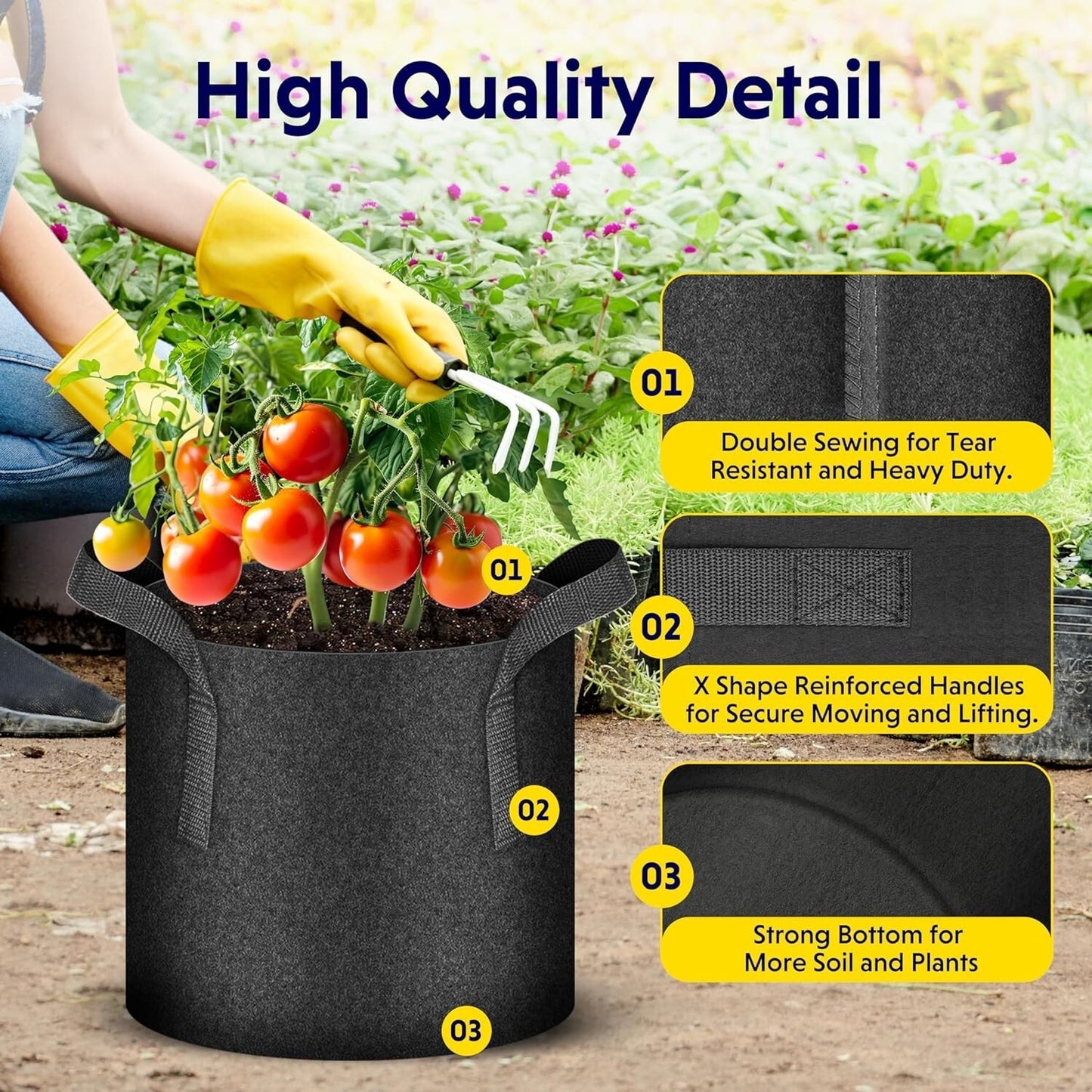 5 Pack - Grow Bags Heavy Duty Thickened Nonwoven with Double Reinforced Handles